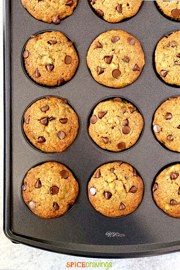 easy banana muffins with chocolate chips in muffin tin