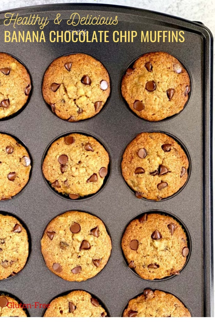 banana muffins with chocolate chips in muffin tin pinterest graphic