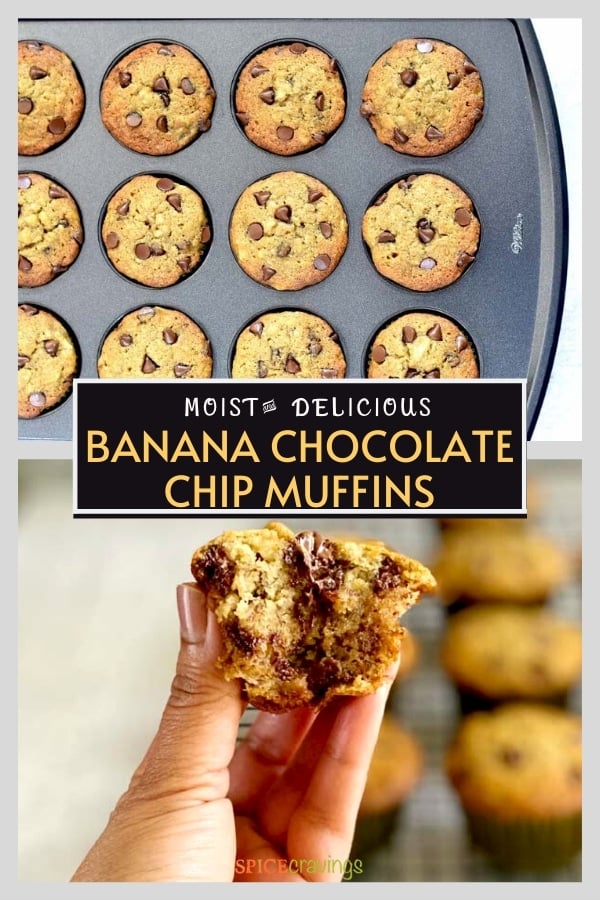 banana muffins with chocolate chips in muffin tin pinterest graphic