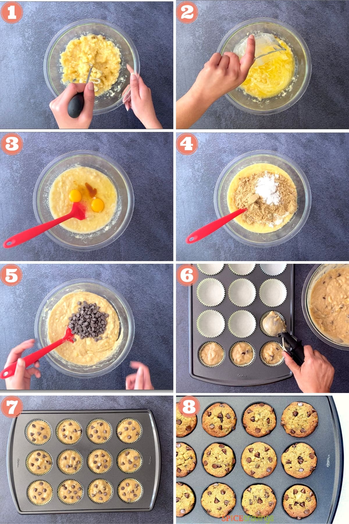 two hands mashing bananas, pouring in melted butter, mixing eggs, flour, chocolate chips with red spatula, scoop muffin batter into muffin tin, baked muffins