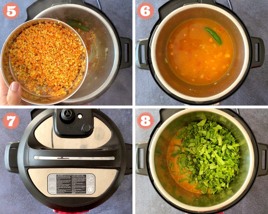 pouring lentils into instant pot, dal in instant pot, sliced spinach over dal