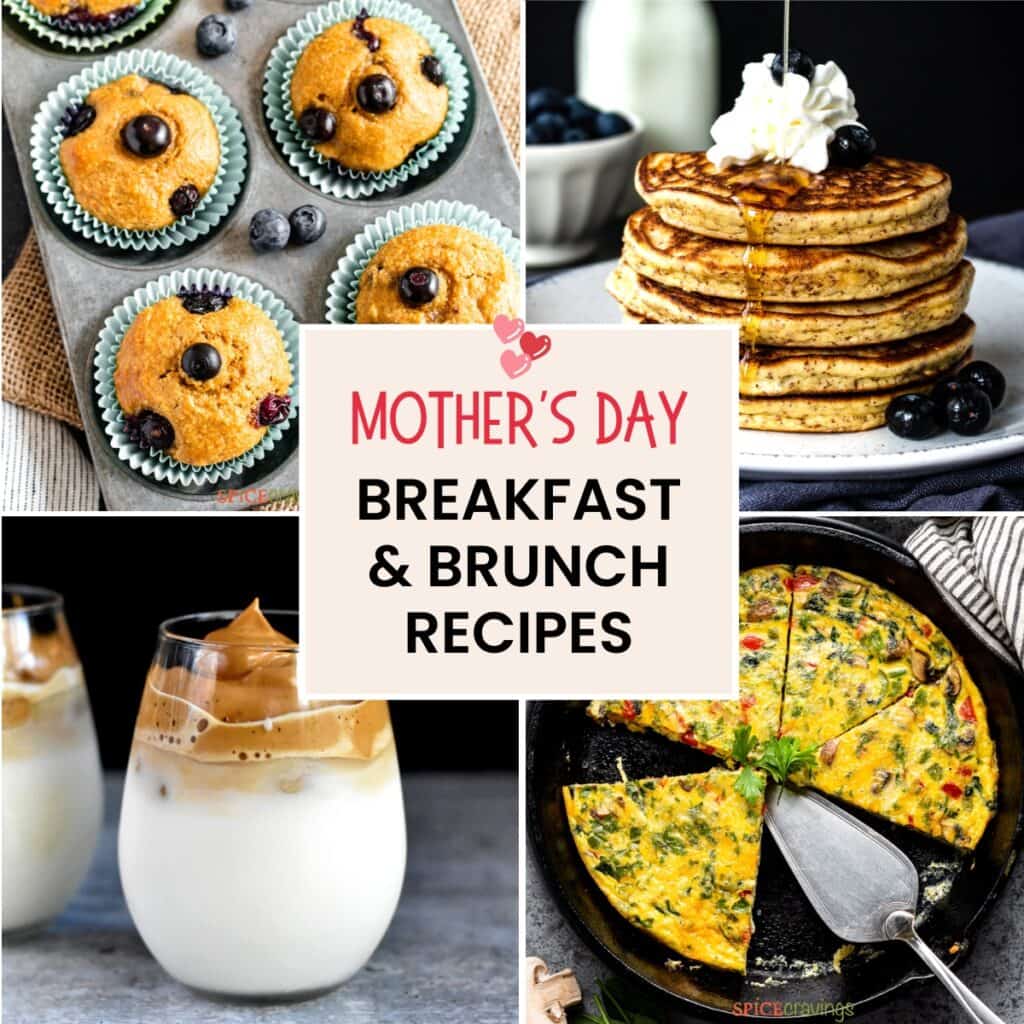 4-image grid including pancakes, muffins, coffee and egg bites