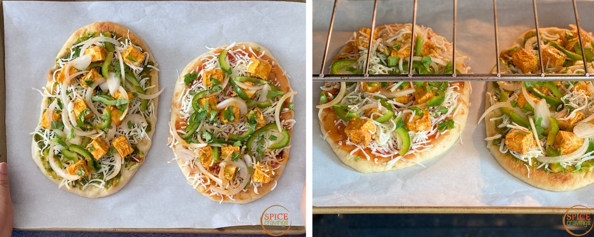 tandoori naan pizza on parchment lined baking sheet