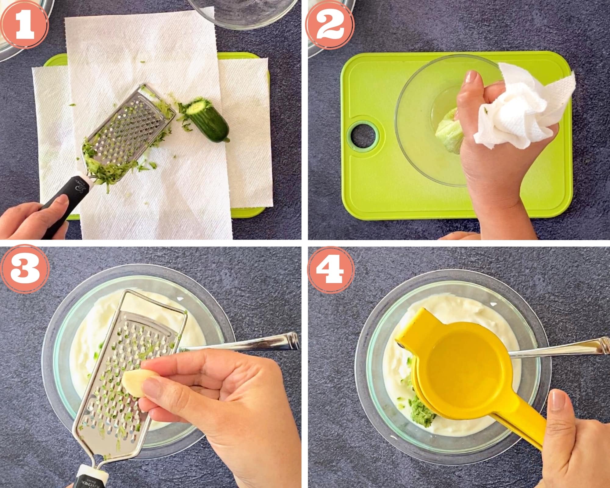 four steps showing grating cucumber, squeezing it, grating garlic and pressing lemon squeezer