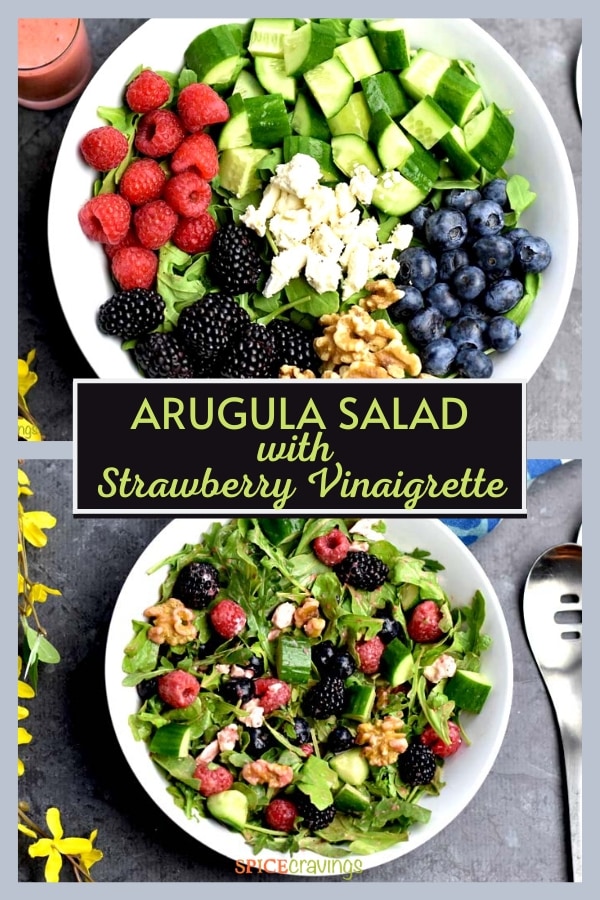 arugula salad with strawberry vinaigrette pinterest graphic