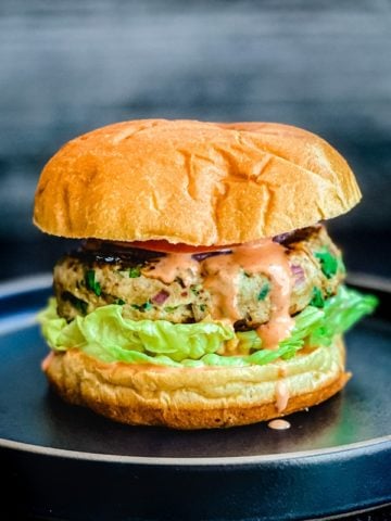 indian spiced chicken burger with lettuce, tomato, sriracha mayo on bun on black plate