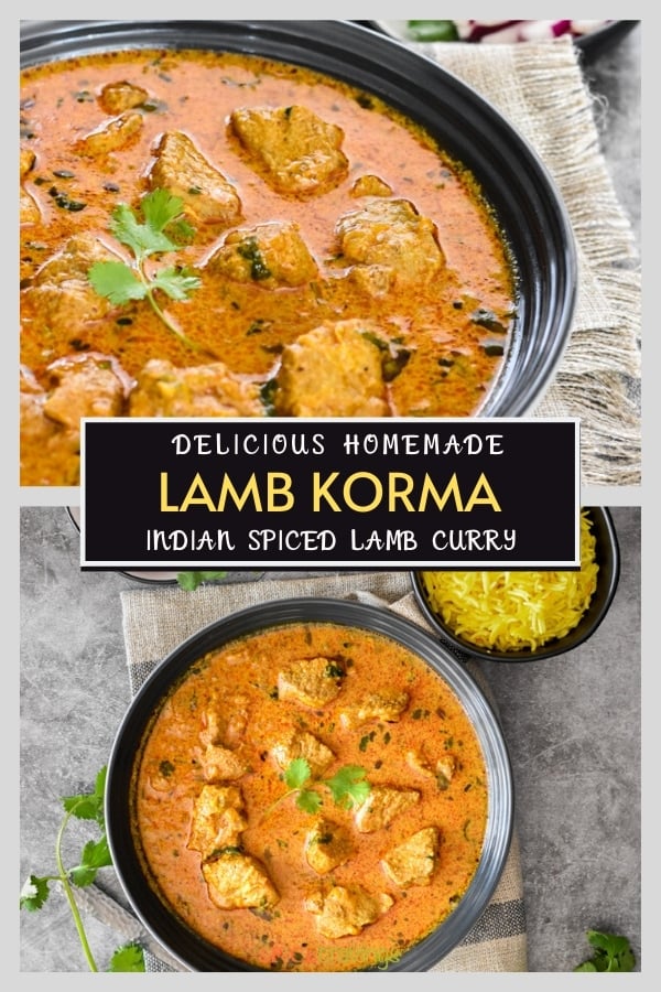 Two images of Lamb korma- close up at the top, and placed next to yellow rice at the bottom