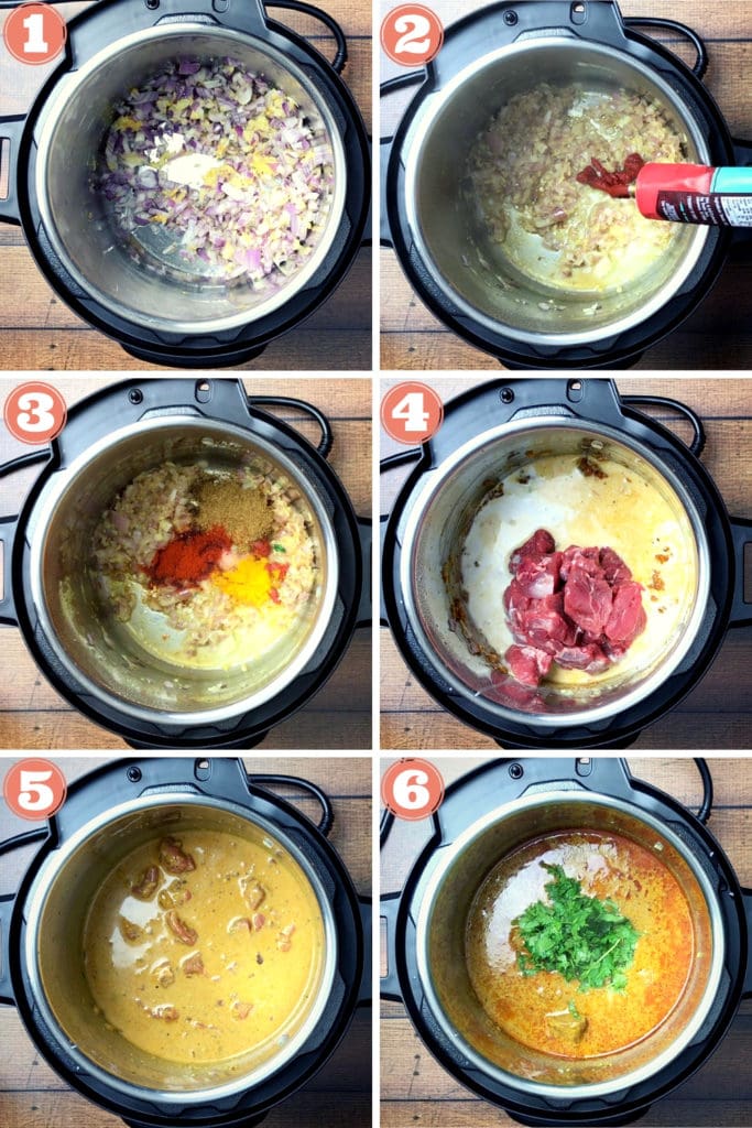 Six Step by step images of Lamb Korma recipe in the Instant Pot