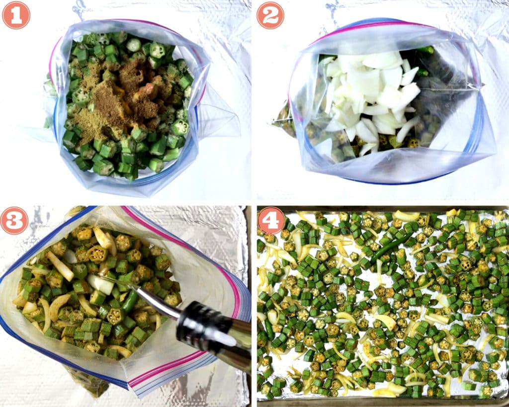 chopped okra and spices in plastic bag with onions, adding oil to spiced bhindi, prepared bhindi on baking sheet