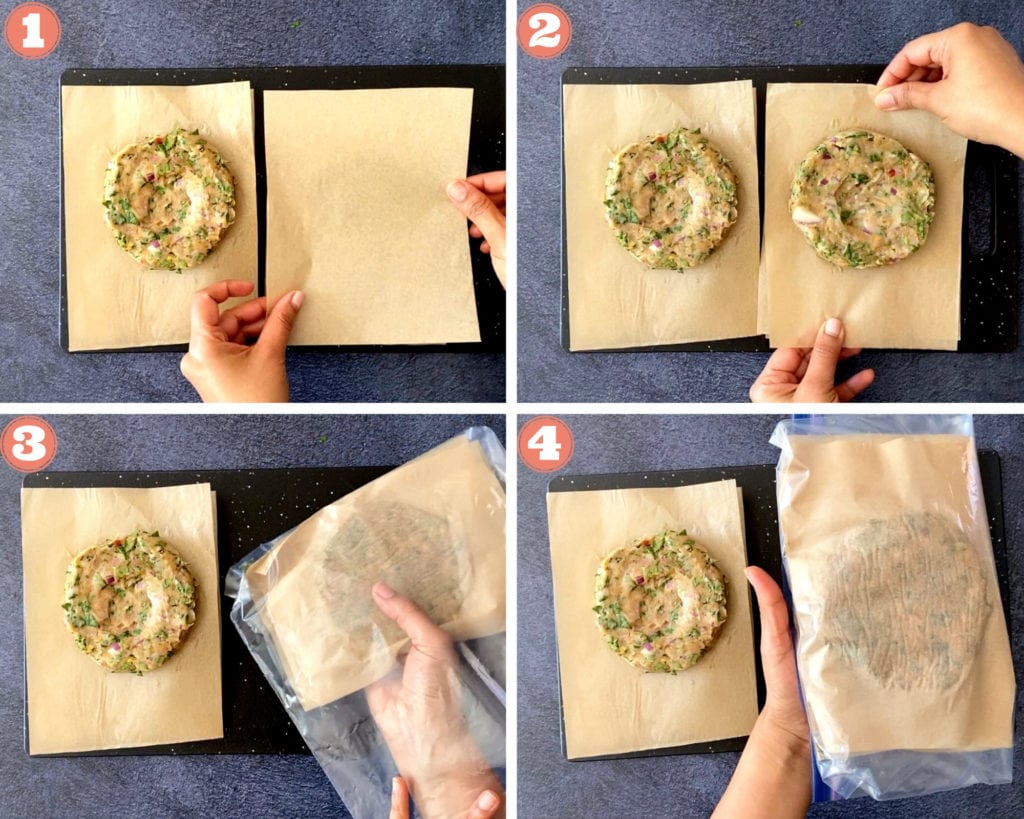 shaping chicken patty mix on parchment paper squares and two hands placing into plastic storage bag