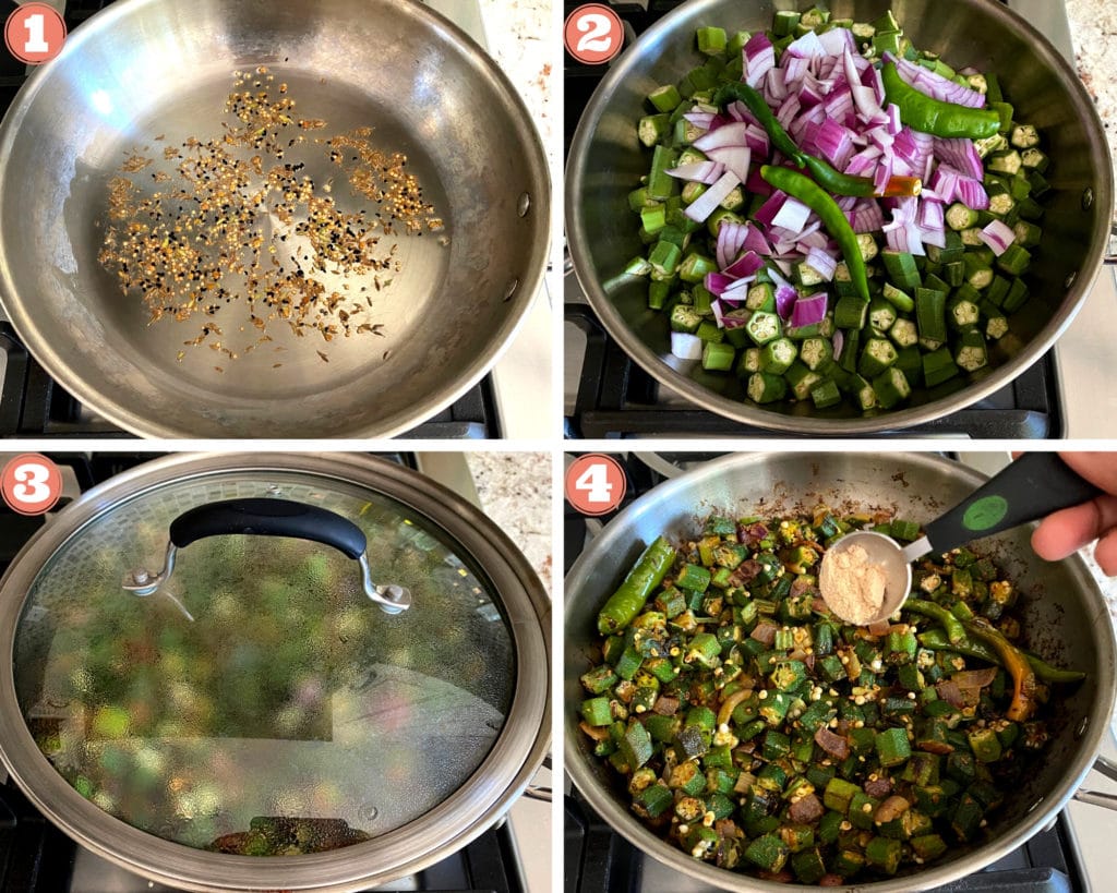 cumin seeds in stainless steel skillet, okra and chopped onions in skillet with glass lid, sprinkling amchur powder over bhindi masala