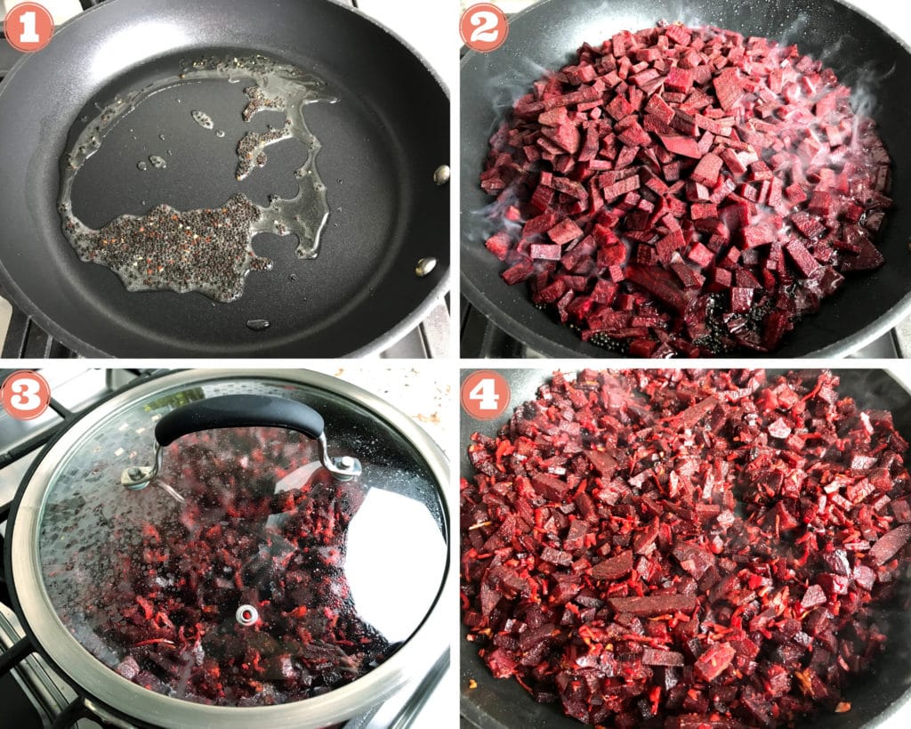 coconut oil with mustard seeds in nonstick skillet, stir fried beets and coconut in skillet, cubed beets in skillet with glass lid