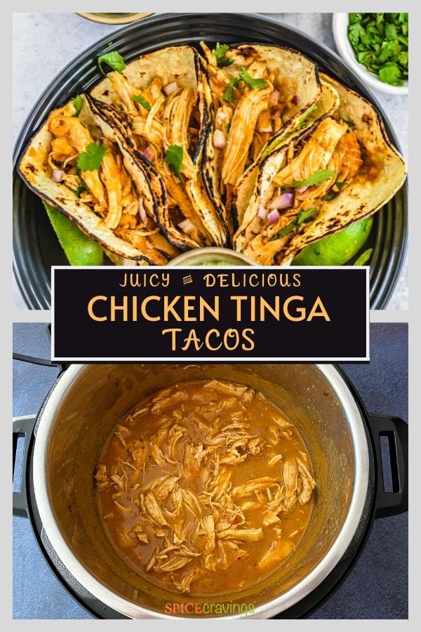 chicken tinga tacos on black plate and shredded chicken filling in Instant Pot