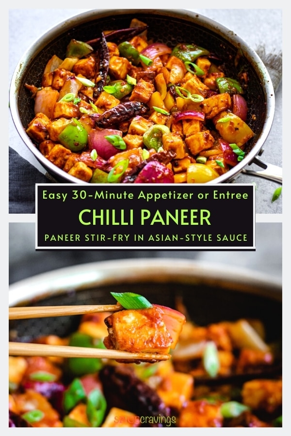 chilli paneer in nonstick skillet and two chopsticks holding crispy paneer