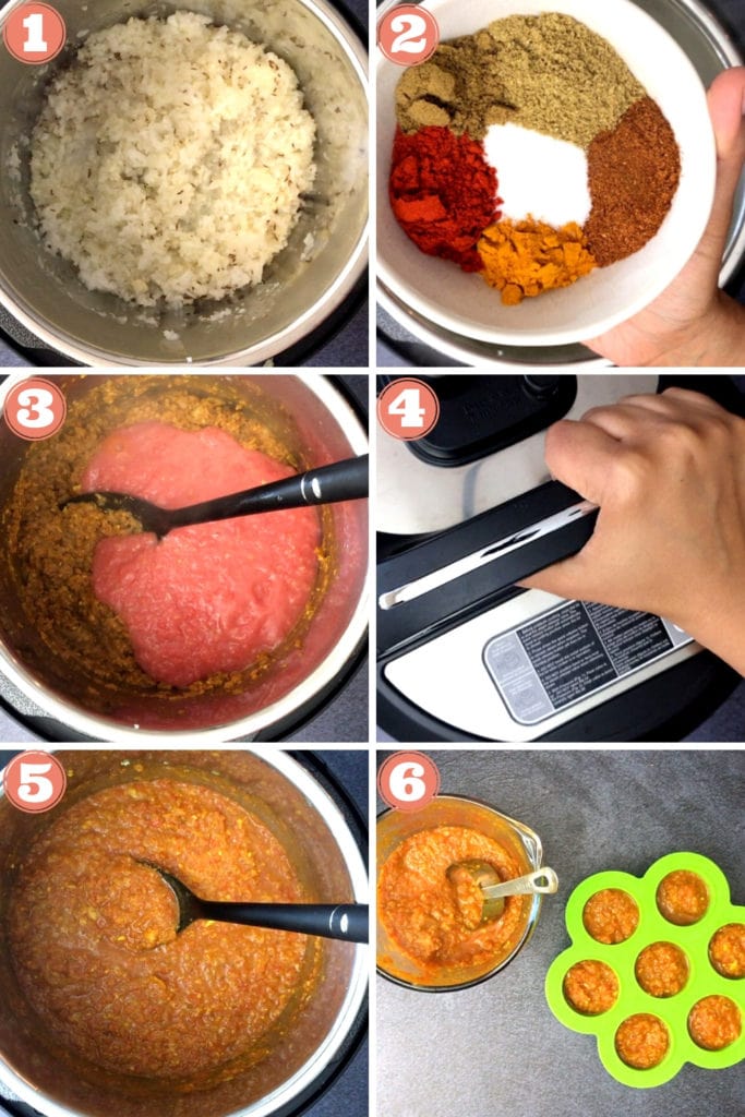 4 Steps showing how to cook curry sauce in an Instant Pot