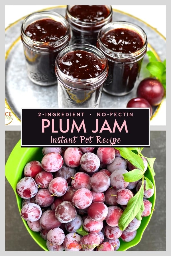 Jam jars on top and a basket of fresh plums on the bottom