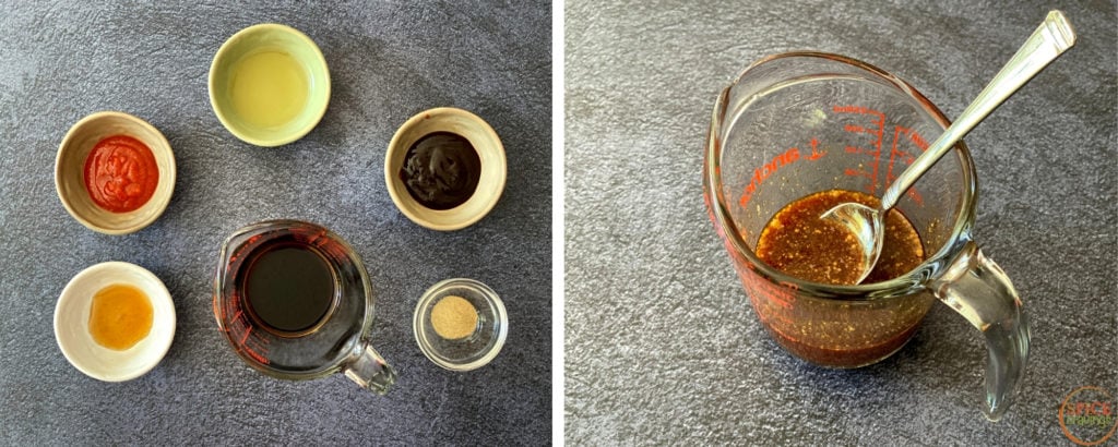 soy sauce and spices, Asian sauce in measuring cup with spoon