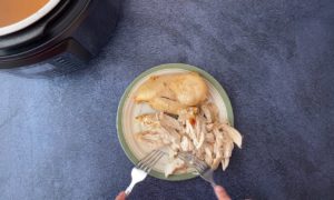 two forks shredding chicken in small bowl