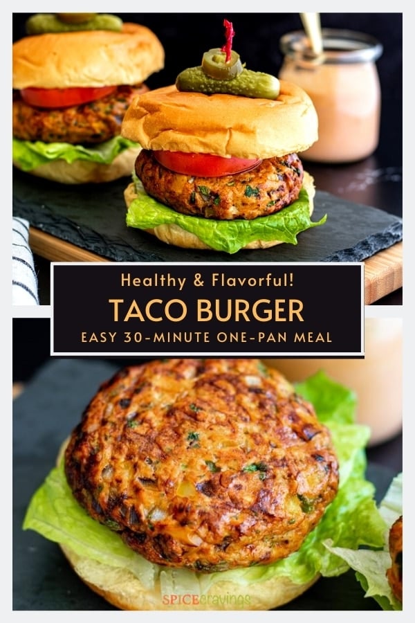 easy taco burger recipe with bun, lettuce, tomato, pickle and exposed taco burger patty on bun