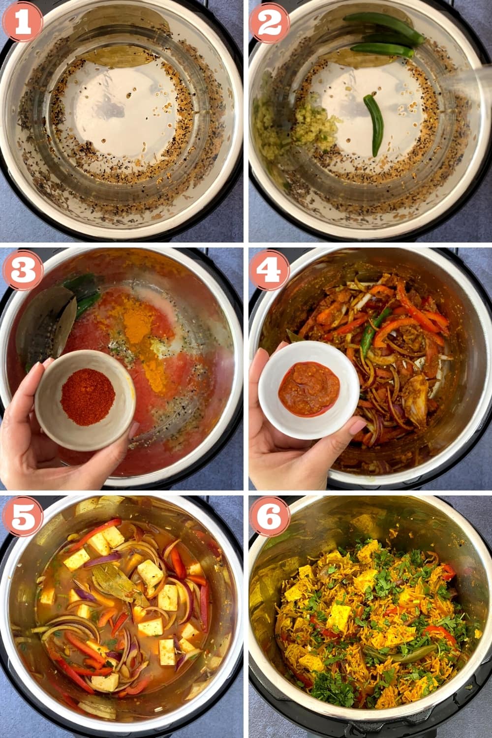 6-photo grid showing steps to make paneer biryani in instant pot
