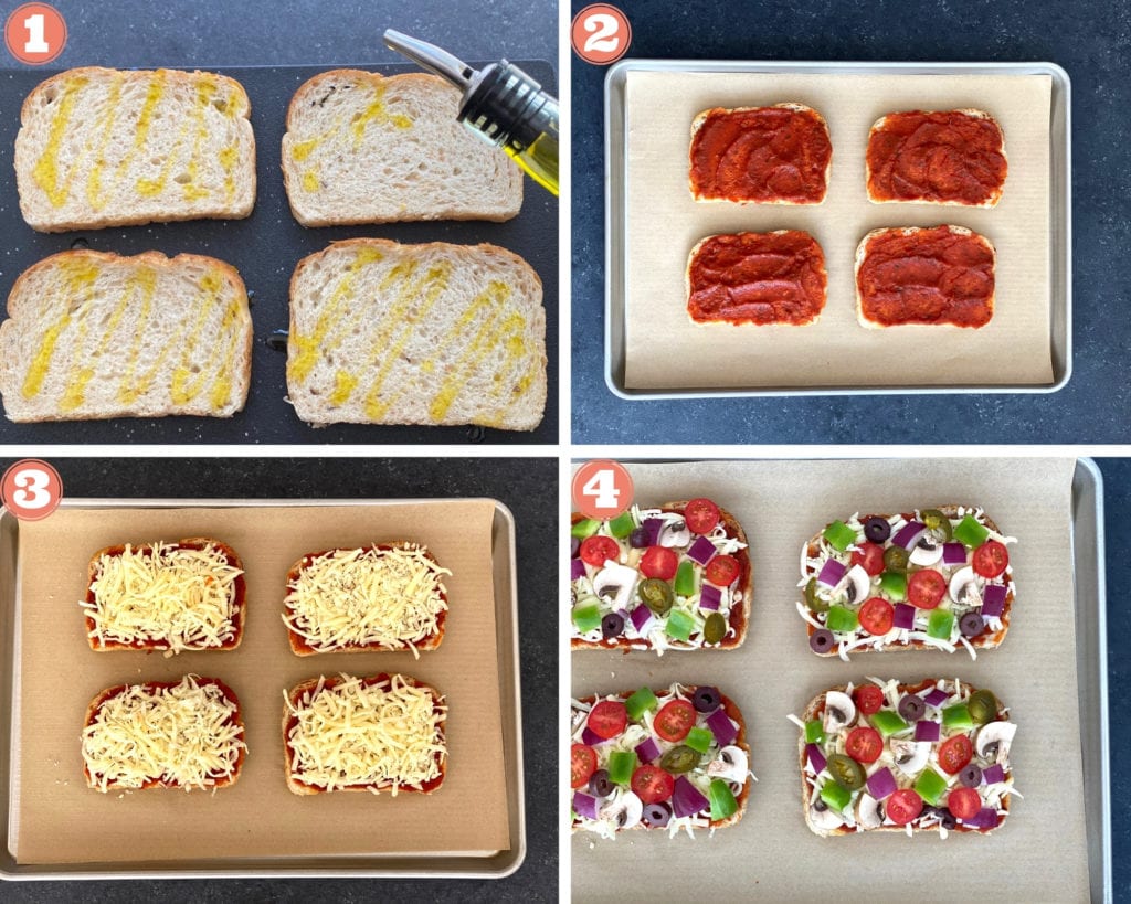 grid shot of assembling pizza toast for the oven