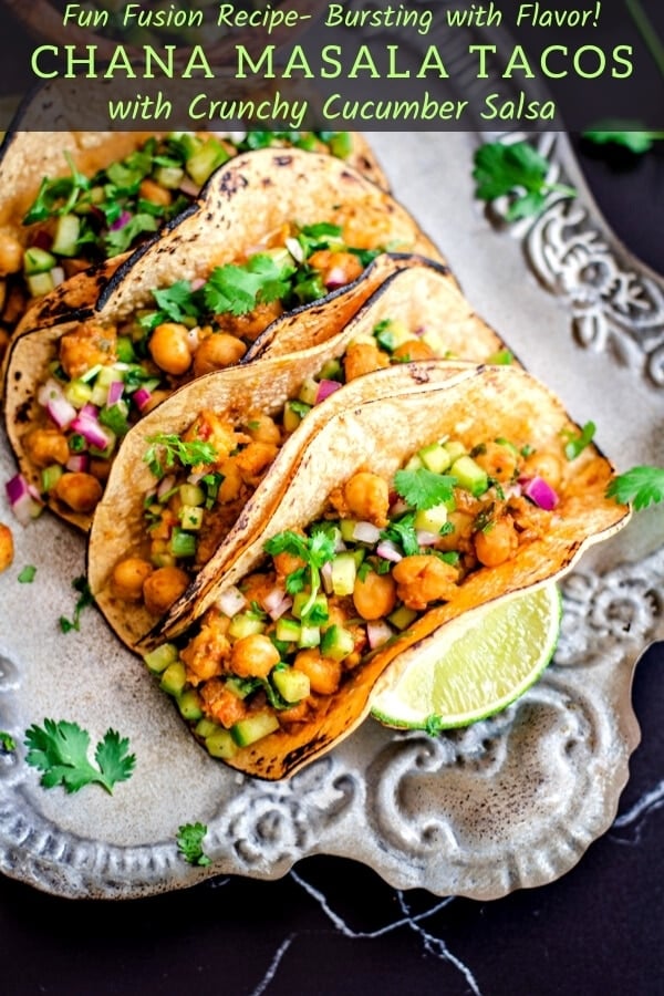 easy Indian chickpea tacos on silver serving platter with lime wedge