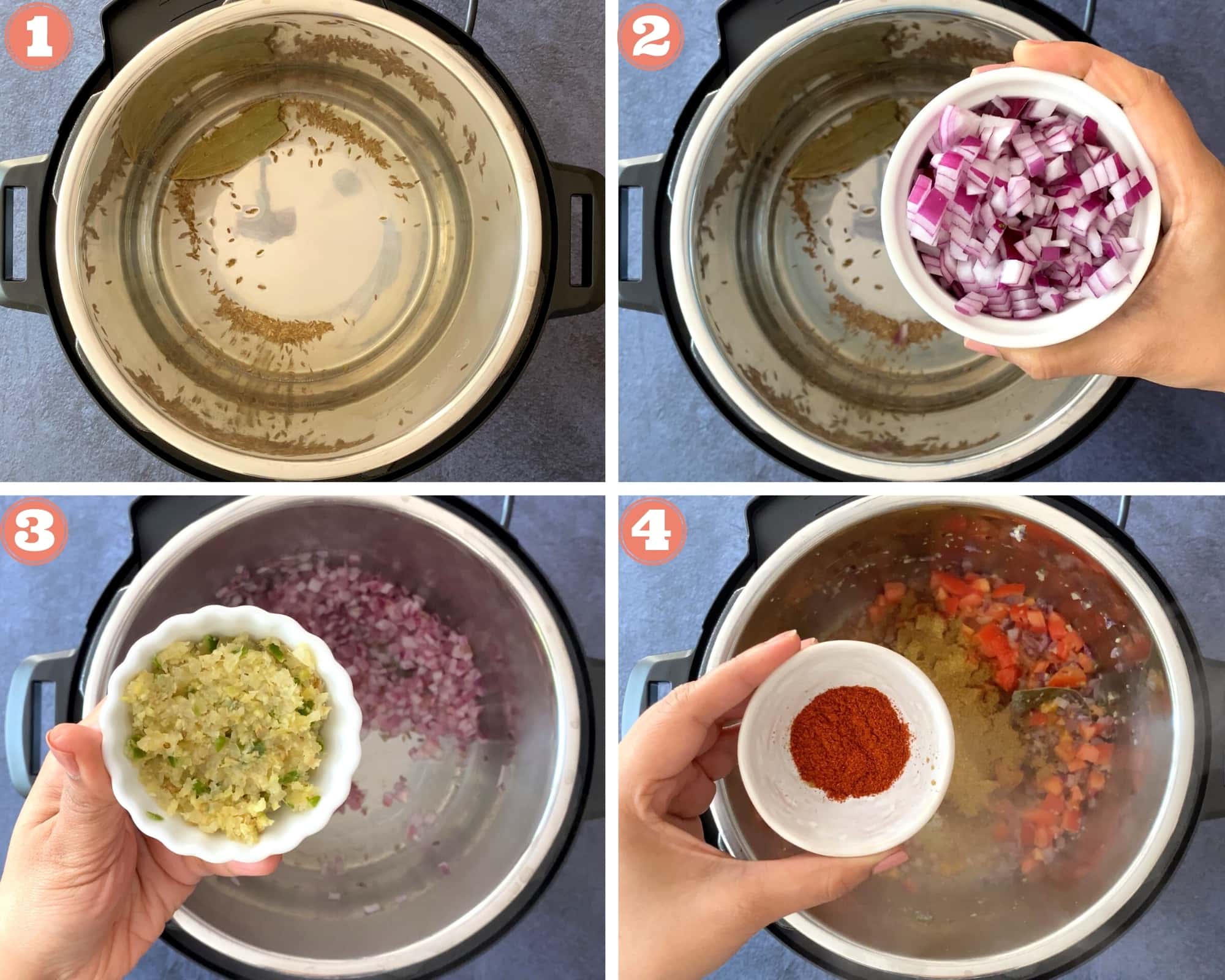 sauteing cumin seeds and bay leaf in instant pot, small bowl of chopped red onions, small bowl of minced garlic, ginger, chile, adding Indian spices to instant pot