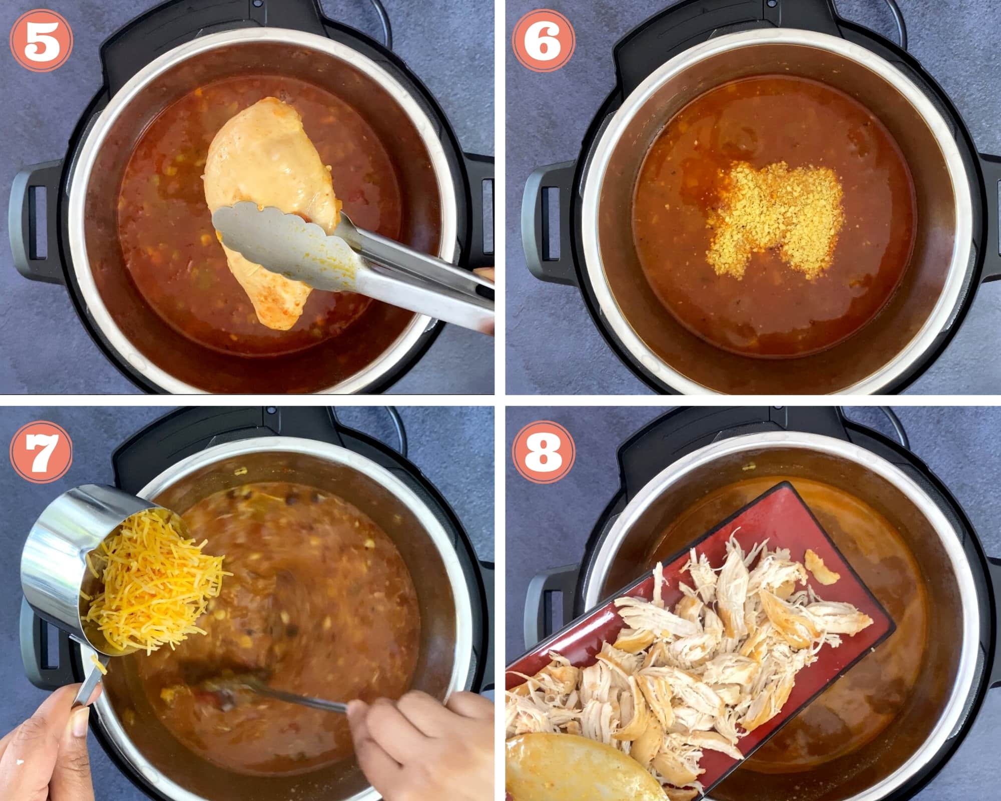 grid shot of four steps finishing chicken enchilada soup recipe