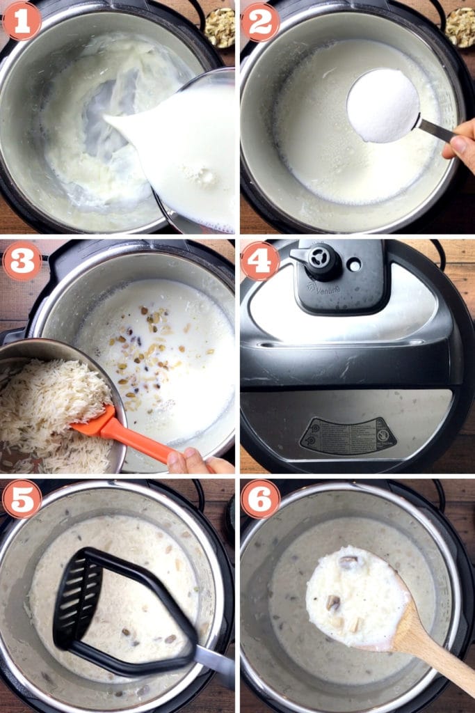 grid shot of steps for making indian rice pudding in instant pot