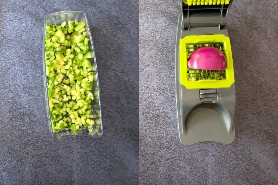 Chopping cucumber on vegetable chopper