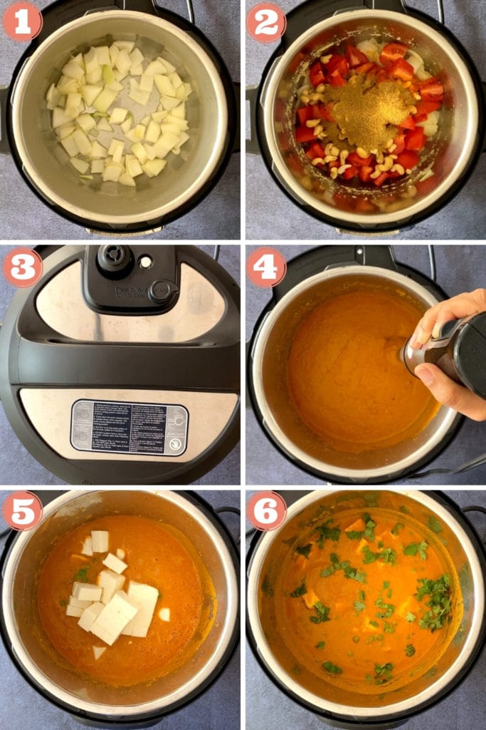 onions sauteing in instant pot, tomatoes, cashews and spices in instant pot, instant pot lid, tomato gravy pureeing with immersion blender, paneer cubes in tomato masala, matar paneer in instant pot