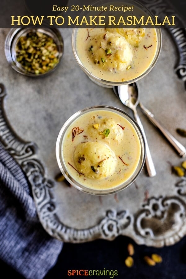 easy rasmalai recipe in glass coupes with pistachios and spoons on silver platter