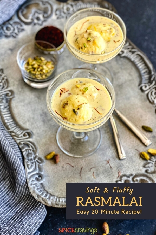 soft rasgulla balls and sweet cream in glass coupes with pistachios and spoons on silver platter