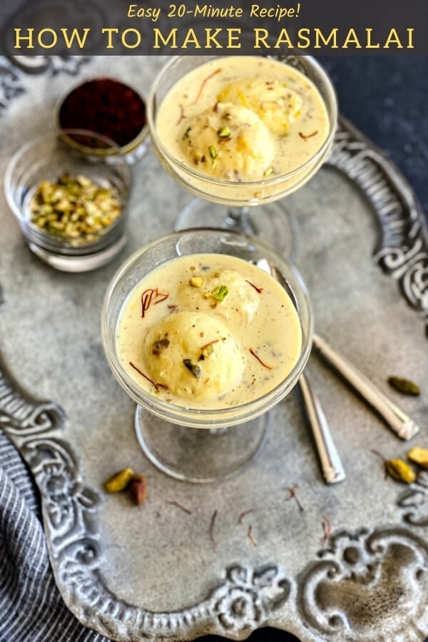 soft rasgulla balls and sweet cream in glass coupes with pistachios and spoons on silver platter