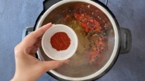 hand holding Indian spices in small white bowl over instant pot