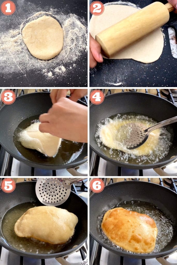 six step grid photo for frying bhatura fry bread at home