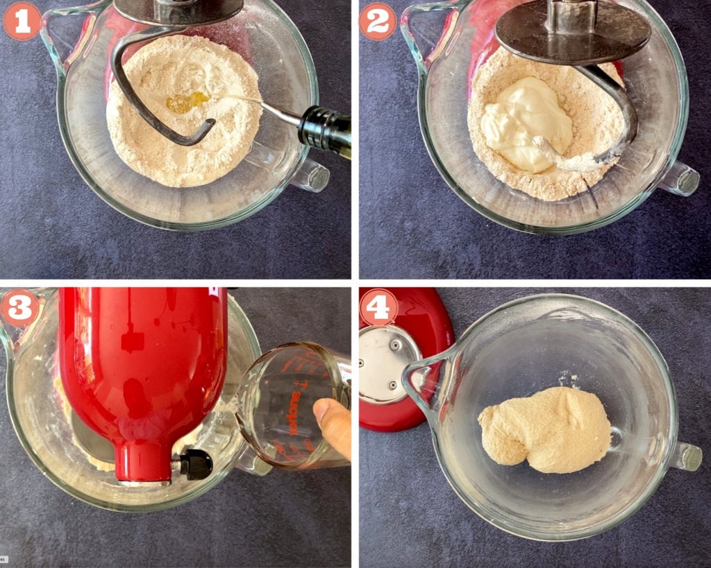 four step grid photo for how to make bhatura dough