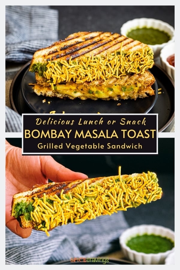 bombay cheese toastie coated in namkeen on black plate and hand holding half of sandwich