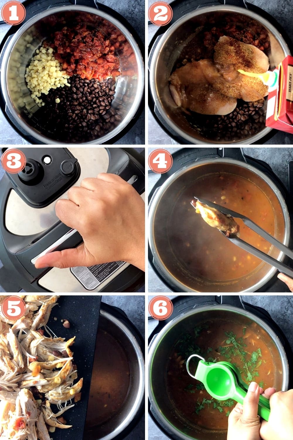 grid photo of step by step instructions for chicken tortilla soup in the instant pot