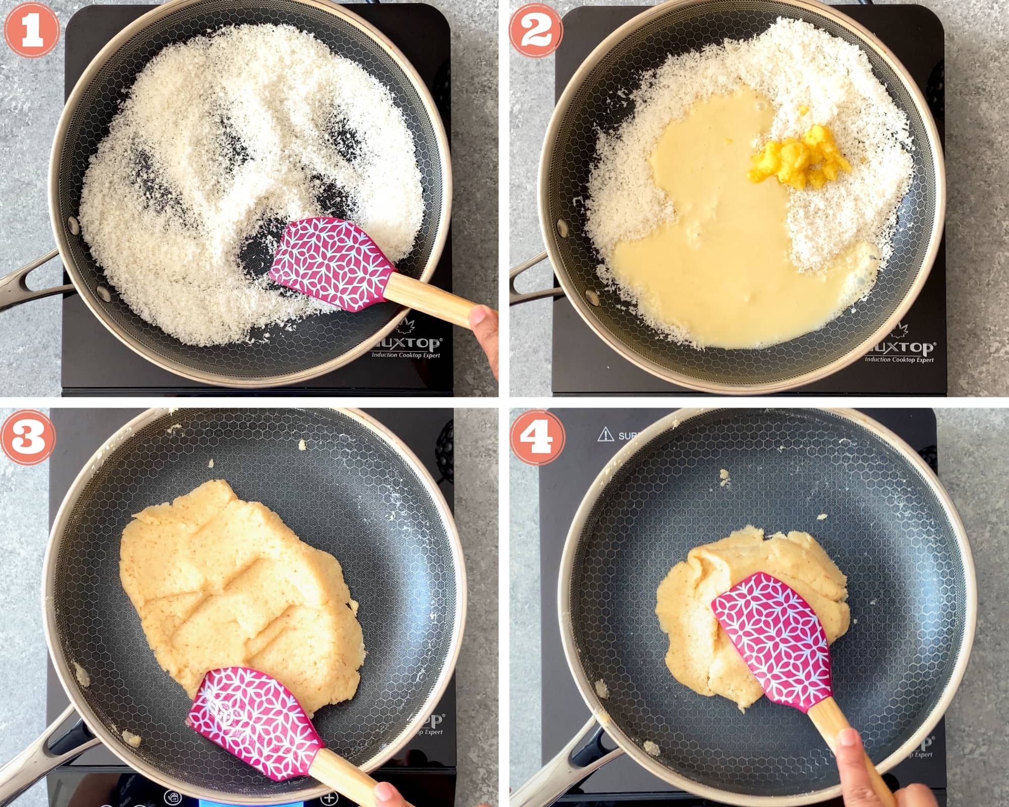 First four steps to make dough for coconut ladoo on the stove
