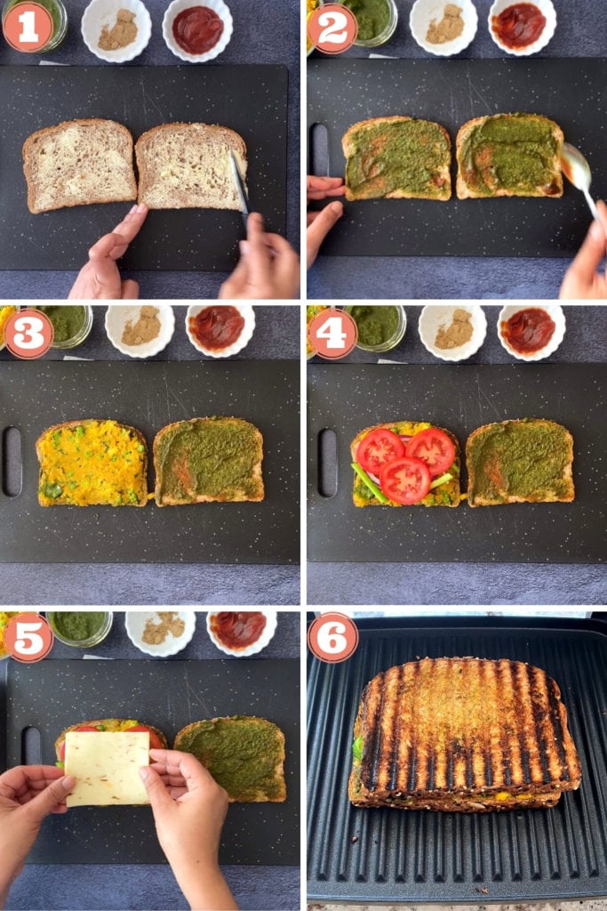 six grid steps of assembling mumbai sandwich toast for grilling