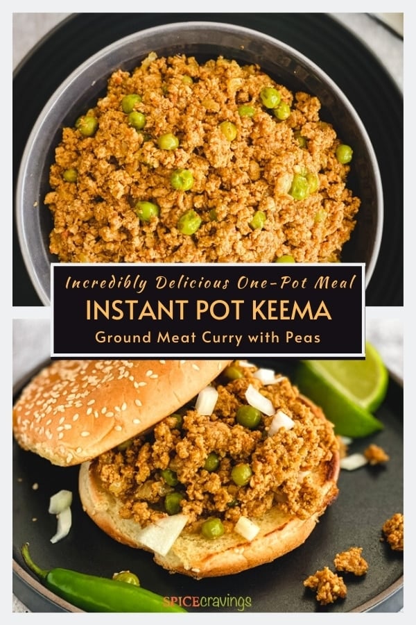 ground meat and peas curry in a bowl on top, served in a bun at the bottom