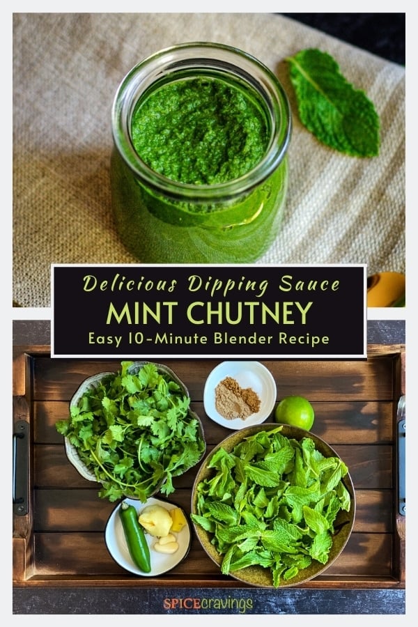 pudina chutney in glass jar with mint leave, fresh cilantro, mint leaves, green chile, ginger, garlic, Indian spices, lime