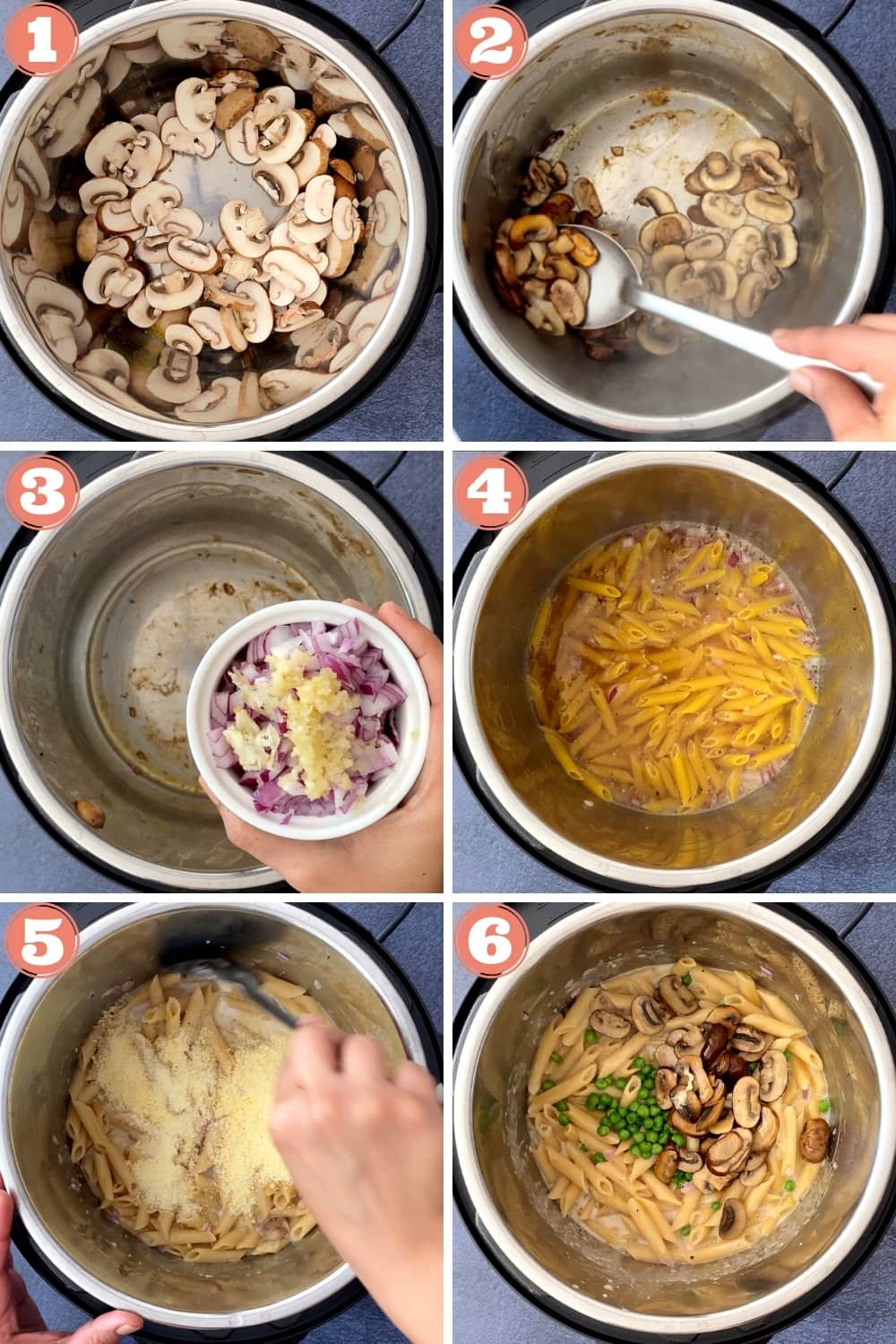 six grid step photo of creamy mushroom pasta recipe