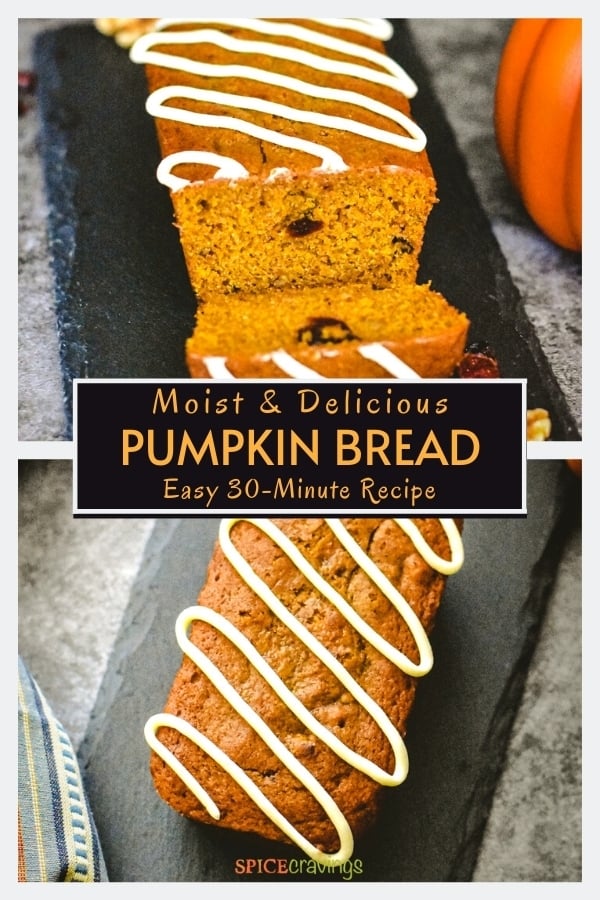 moist pumpkin bread recipe sliced with sugar icing