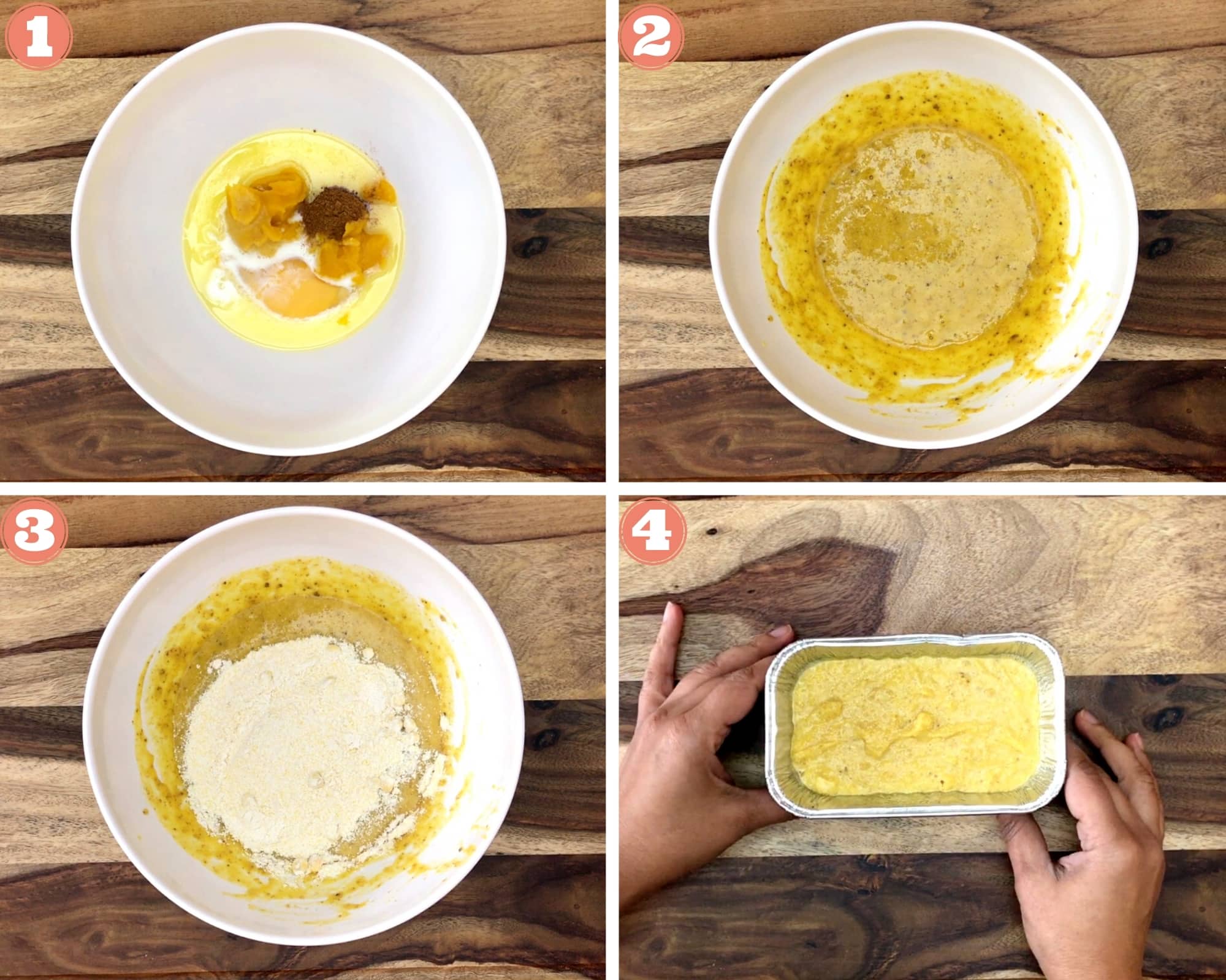 four step grid for steps to make pumpkin cornbread batter