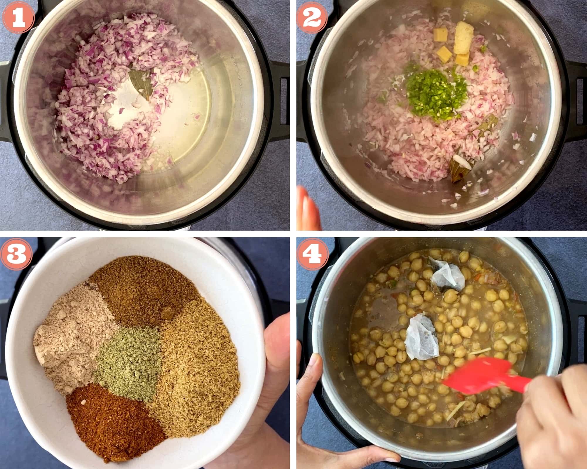 four step grid showing how to saute onion, aromatics then add chickpeas in instant pot