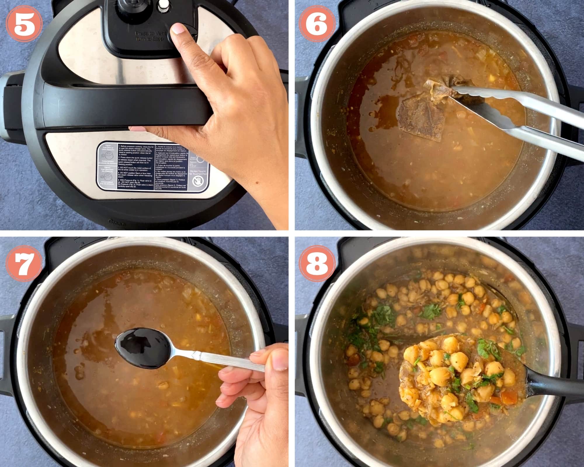 four step grid showing how to cook and garnish chickpeas curry in an instant pot