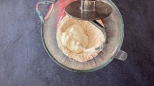 instant bhatura dough in mixing bowl with dough hook