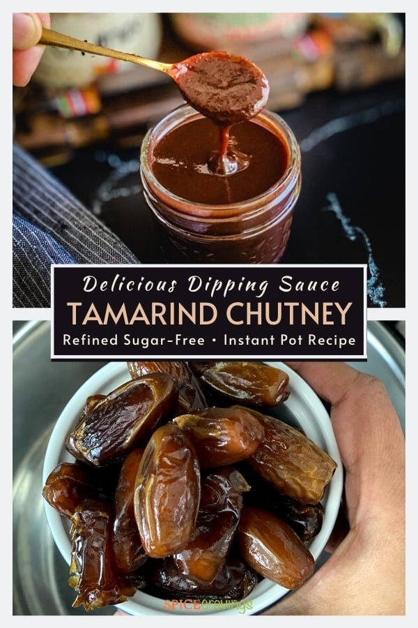 Tope shot shows tamarind chutney in spoon, bottom shows bowl of dates